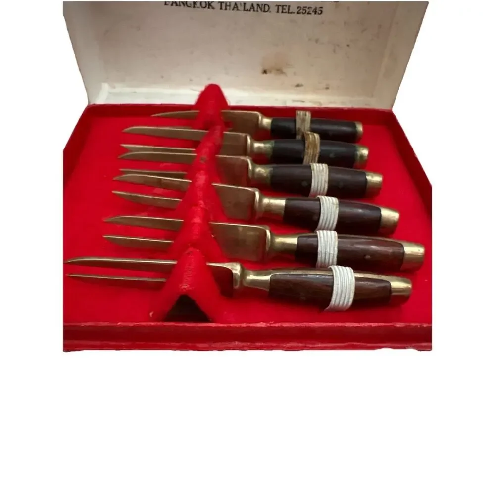 Vintage Tommy’s Gems Bangkok Thailand Cocktail Appetizer Fork Set Wood Handle